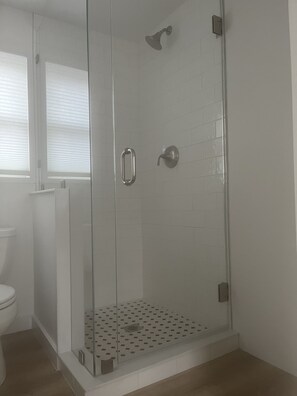 A glass-enclosed shower with a tiled floor, a white toilet, and a window with blinds.
