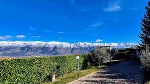 A vineyard path leading to a building with a mountain backdrop. - Green Paradise (Introdacqua)