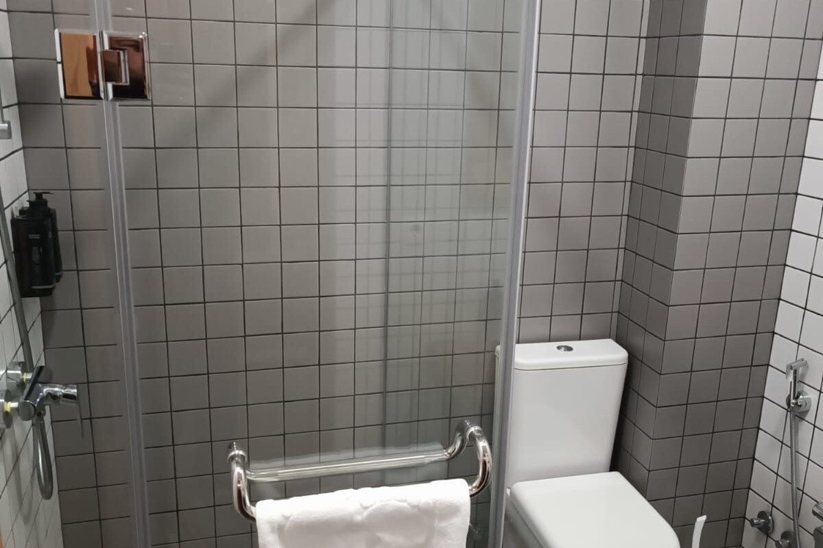 Een badkamer met een douche met glazen wand, een toilet en een handdoekrek.