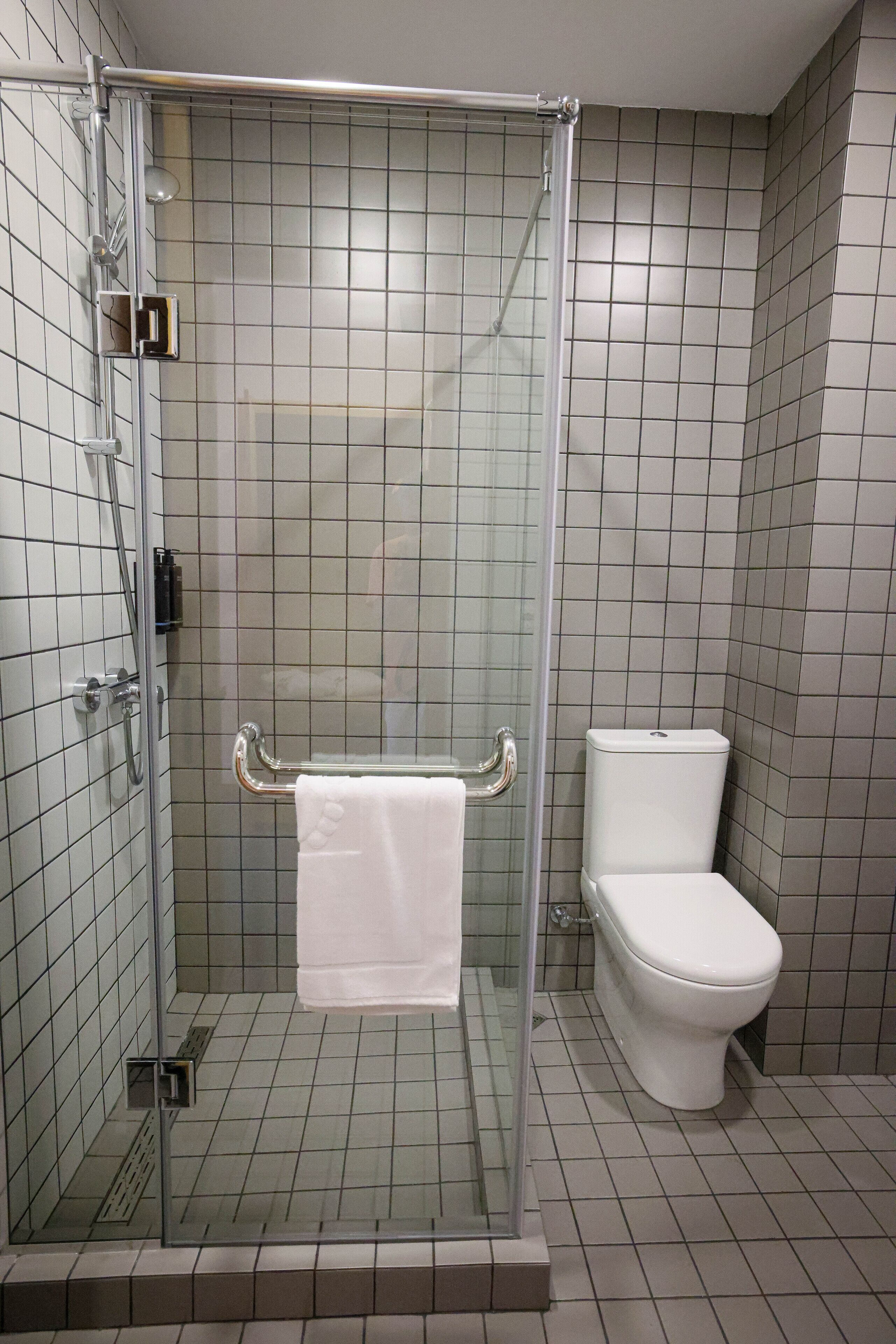 A bathroom with a glass-enclosed shower, a white toilet, and a tiled floor.