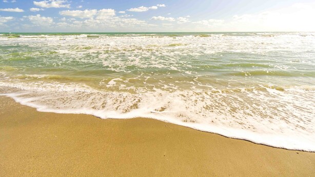 Uma praia com ondas suaves batendo na costa sob um céu claro.