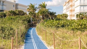 Um caminho com superfície azul, ladeado por vegetação e palmeiras, conduz a um edifício com varandas.