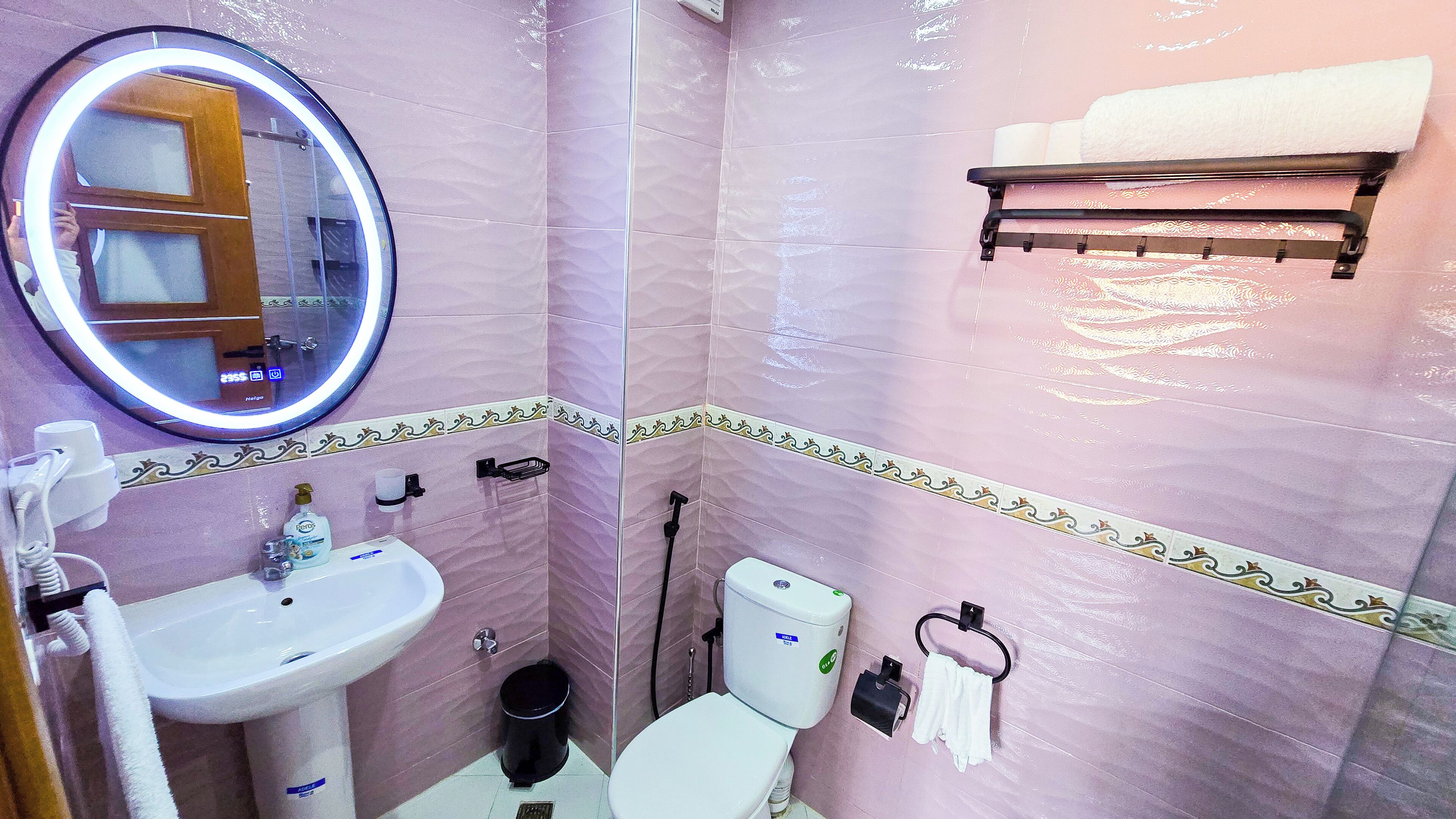 A bathroom with a sink, mirror, toilet, and towel rack.