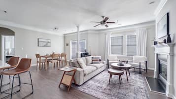 Smart TV, fireplace, video games, offices