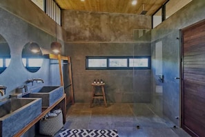Hair dryer, towels, soap, shampoo