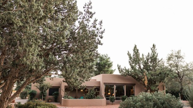 A modern building with a flat roof, surrounded by a variety of trees and shrubs.