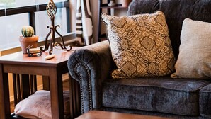 A cozy living room with a dark grey sofa, patterned cushions, a wooden coffee table with a bowl, a lamp, and a shelf with plants.
