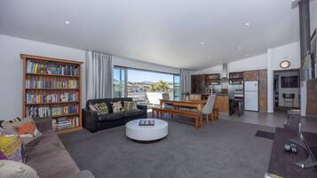 TV, fireplace, books