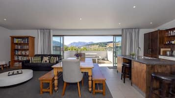 TV, fireplace, books