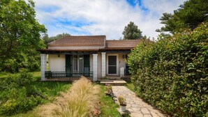 A house with a tiled roof, a stone pathway, and a garden with various plants and a bench.