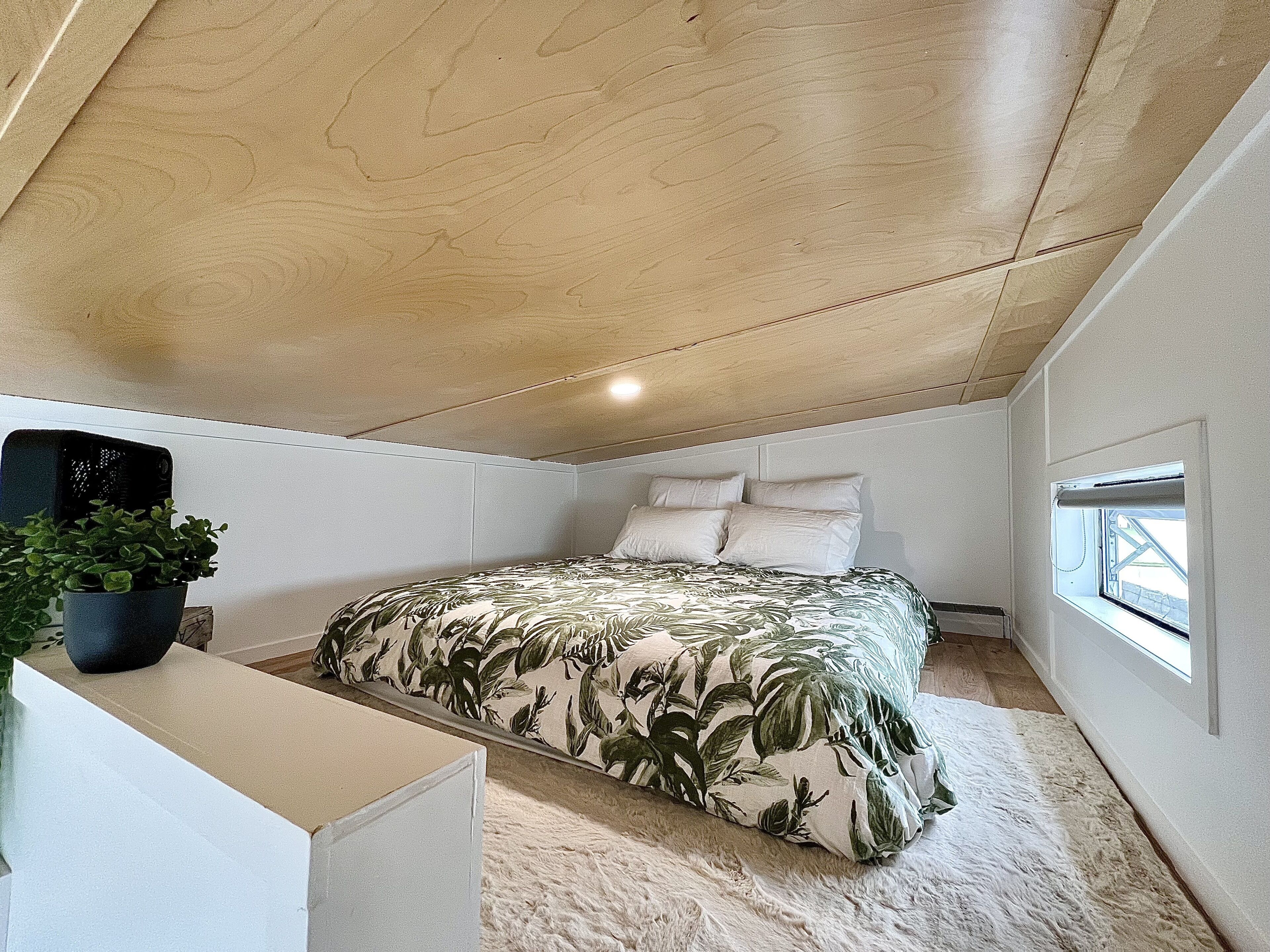 Un dormitorio con una cama, una planta en maceta y una ventana.