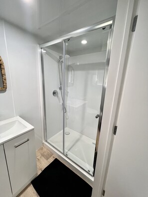 Shower, towels, soap, toilet paper