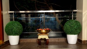A modern indoor setting with a glass partition, two potted plants, and a decorative brass bowl on a wooden stool. - The Capital Executive Service Apartment (Guntur)