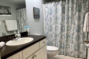 Hair dryer, towels, shampoo