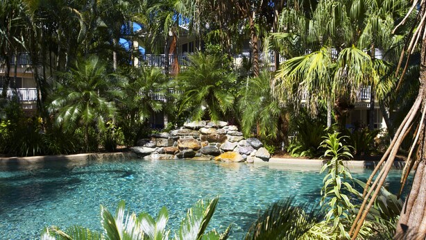 A swimming pool surrounded by lush tropical vegetation and a stone waterfall.