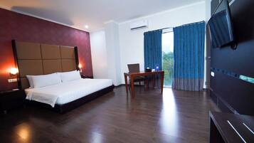 Habitación de hotel con una cama grande, un escritorio, una silla, un televisor y vistas al exterior.