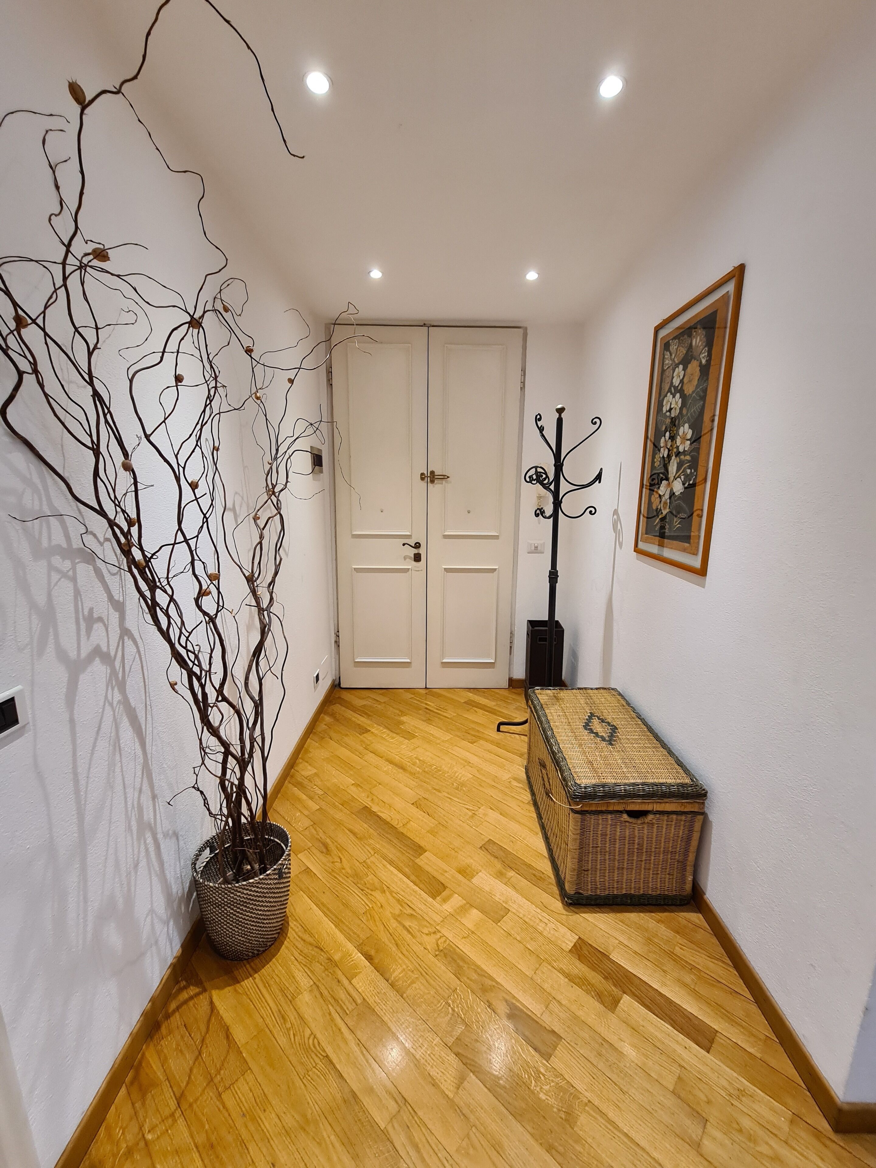 Un couloir avec un plancher en bois, une porte blanche, une plante en pot, une malle en osier et un luminaire fixé au mur.