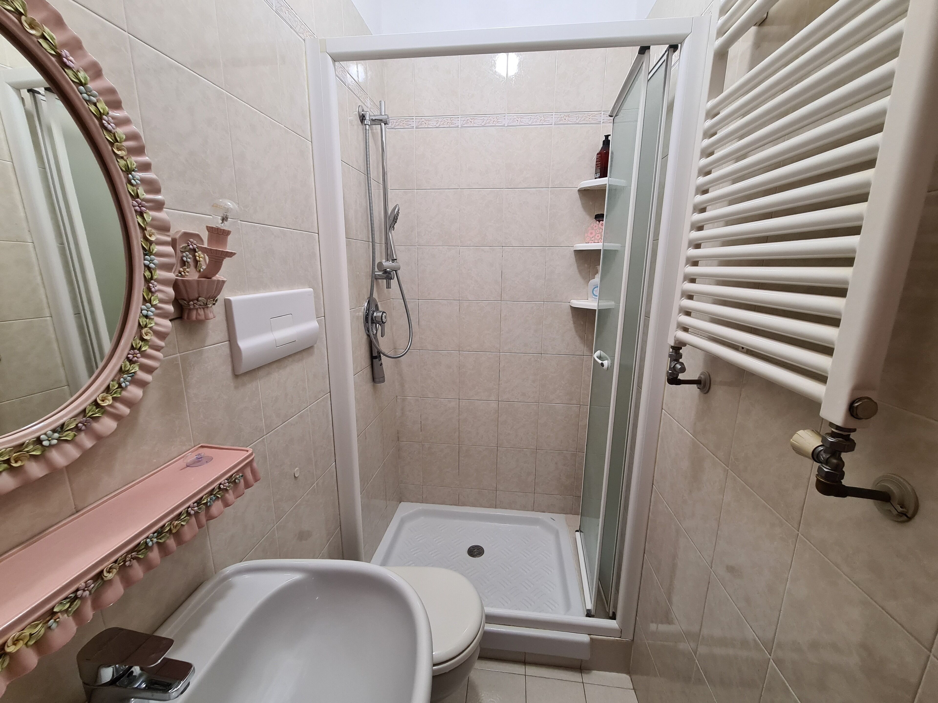 Une salle de bain avec douche, toilettes et lavabo.
