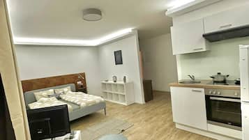 Classic Studio | Private kitchen | Fridge, oven, stovetop, cookware/dishes/utensils