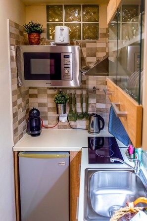 ثلاجة، ميكروويف، موقد طهي مسطح، ماكينة لصنع القهوة/الشاي