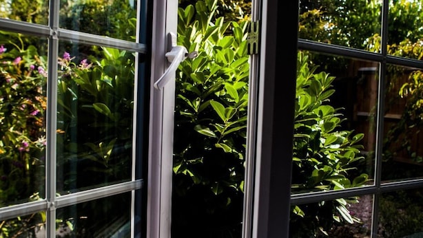 Ein Fenster mit Blick auf einen Garten.