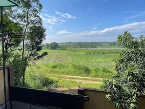 Blick vom Balkon auf ein grünes Feld mit Bäumen und einem klaren Himmel.
