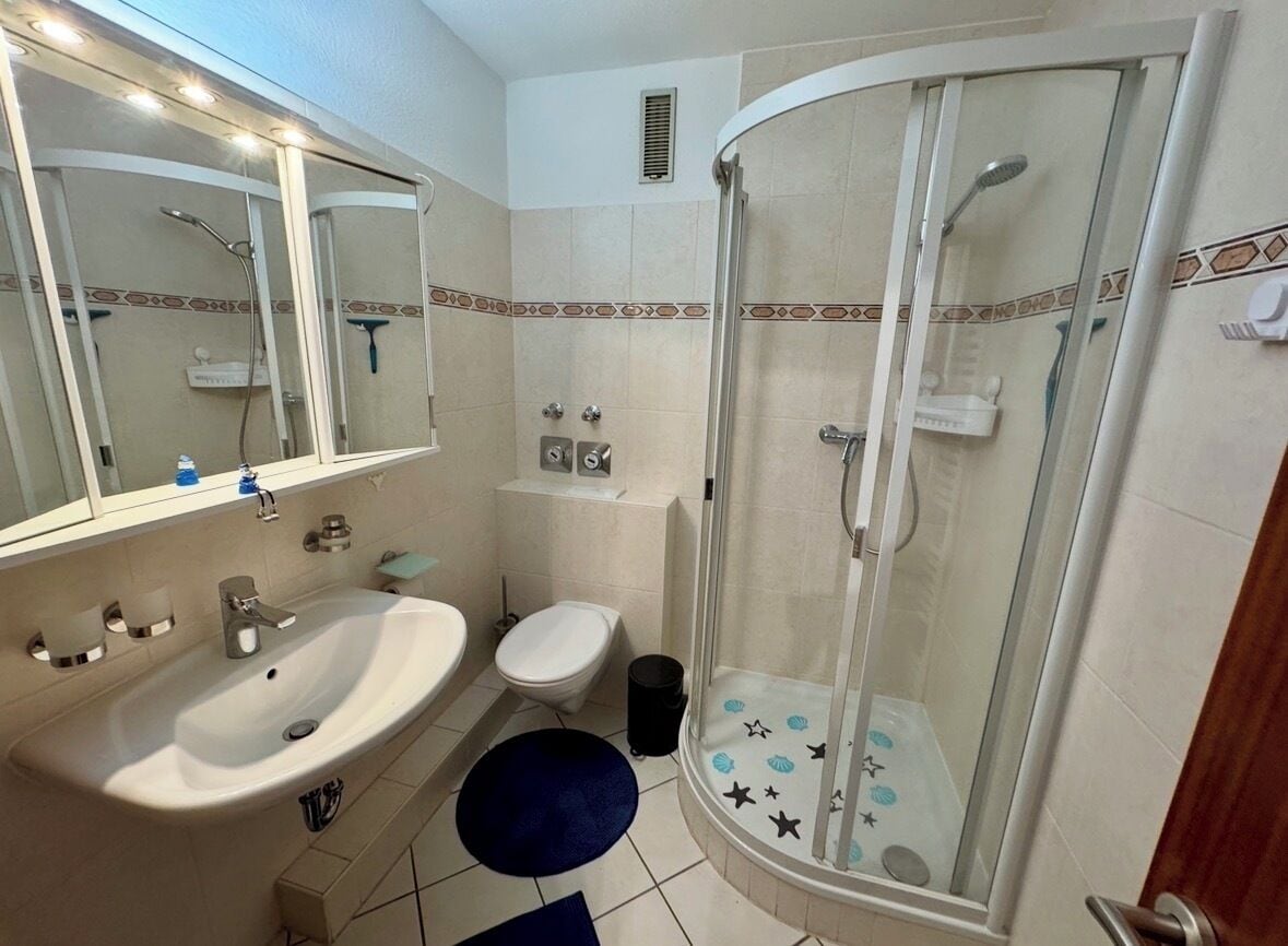 A bathroom with a sink, toilet, shower, and mirrors.