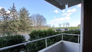Un balcone con ringhiera affacciato su un parcheggio e un'area verde alberata.