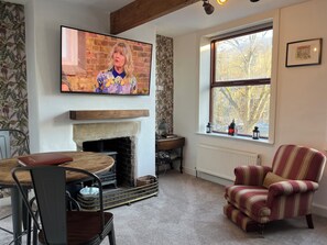 TV, lareira, DVD player, livros