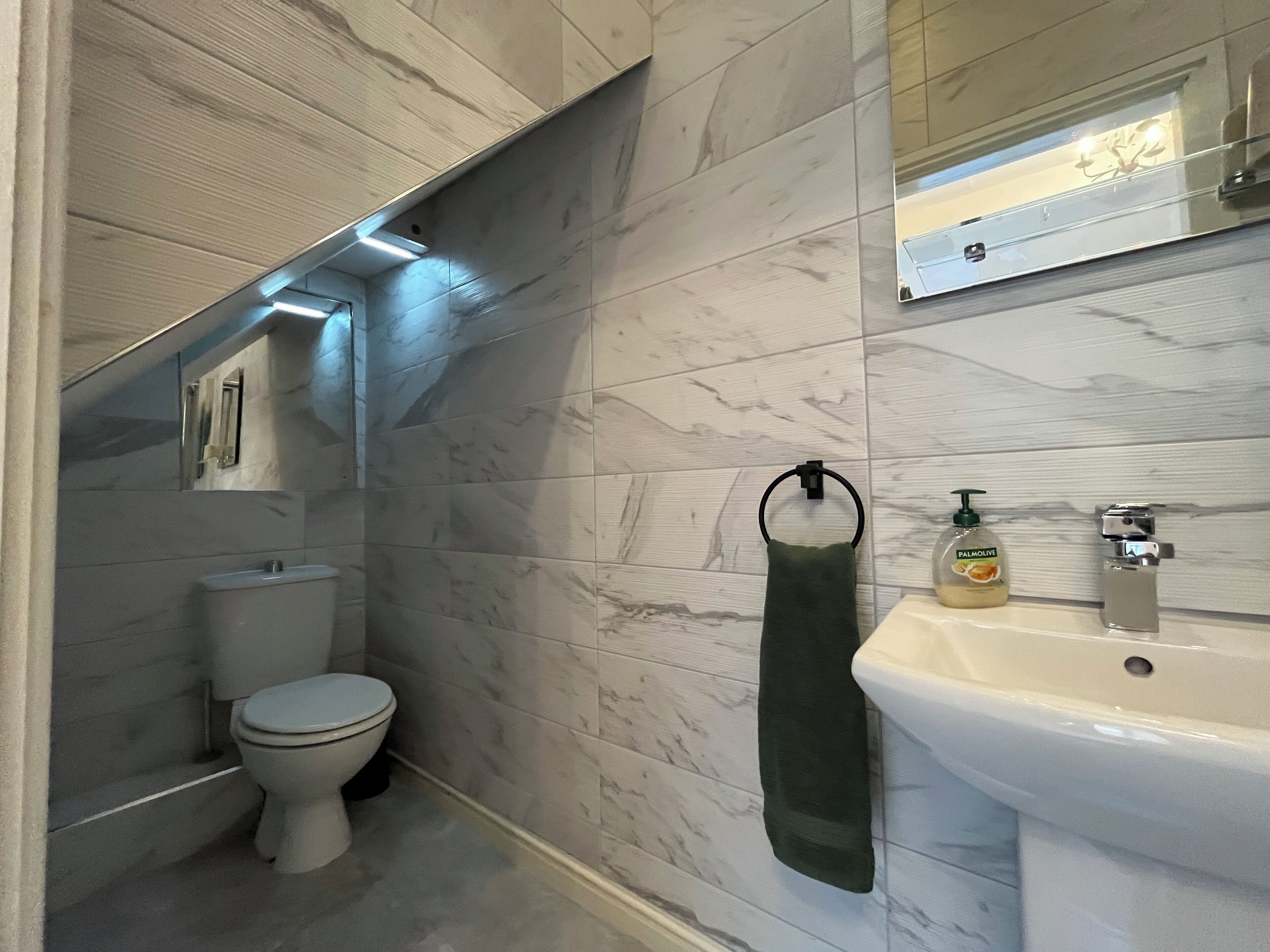 Shower, hair dryer, towels, toilet paper