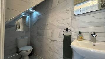 Shower, hair dryer, towels, toilet paper