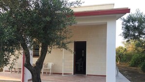 Un bâtiment doté d’un patio couvert, d’une porte et d’un petit arbre au premier plan.