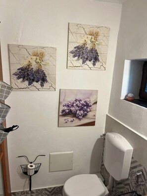 Dusj, hårføner, håndklær og såpe