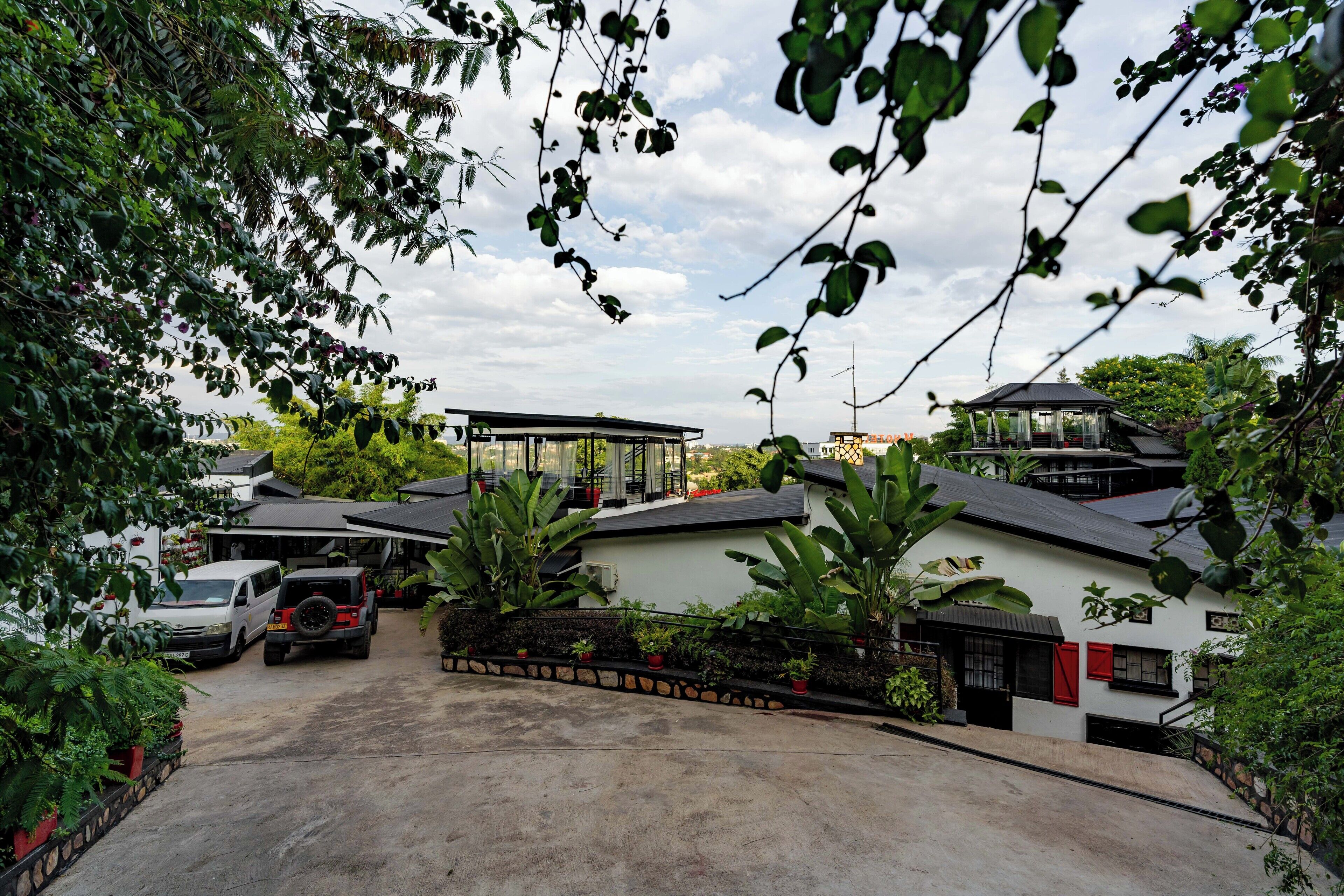 A residential area with multiple houses, a paved driveway, and parked vehicles.