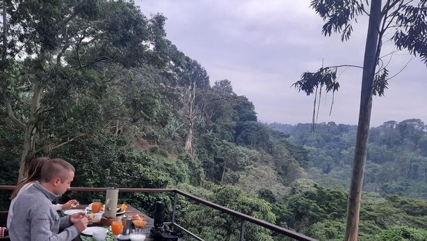 Un coin repas avec une table dressée pour deux personnes, offrant une vue sur un paysage luxuriant et boisé.