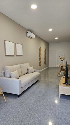 A spacious room with a grey sofa, a wooden coffee table, and a flat-screen TV. There are two framed artworks on the wall, an air conditioning unit mounted above the sofa, and a decorative wall piece.
