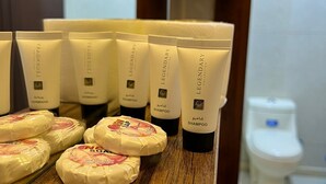 Ein Badezimmer mit einem Holzkosmetikschrank, mehreren Shampooflaschen und einer Toilette.