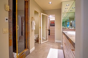 Shower, jetted bath, hair dryer, towels