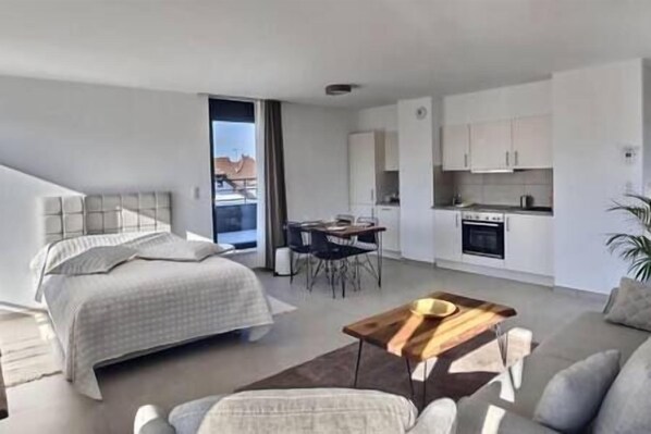 Un appartement moderne comprenant une chambre, un coin repas et une kitchenette.