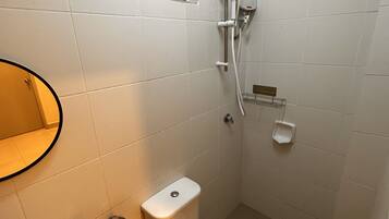 Shower, hair dryer, bidet, towels