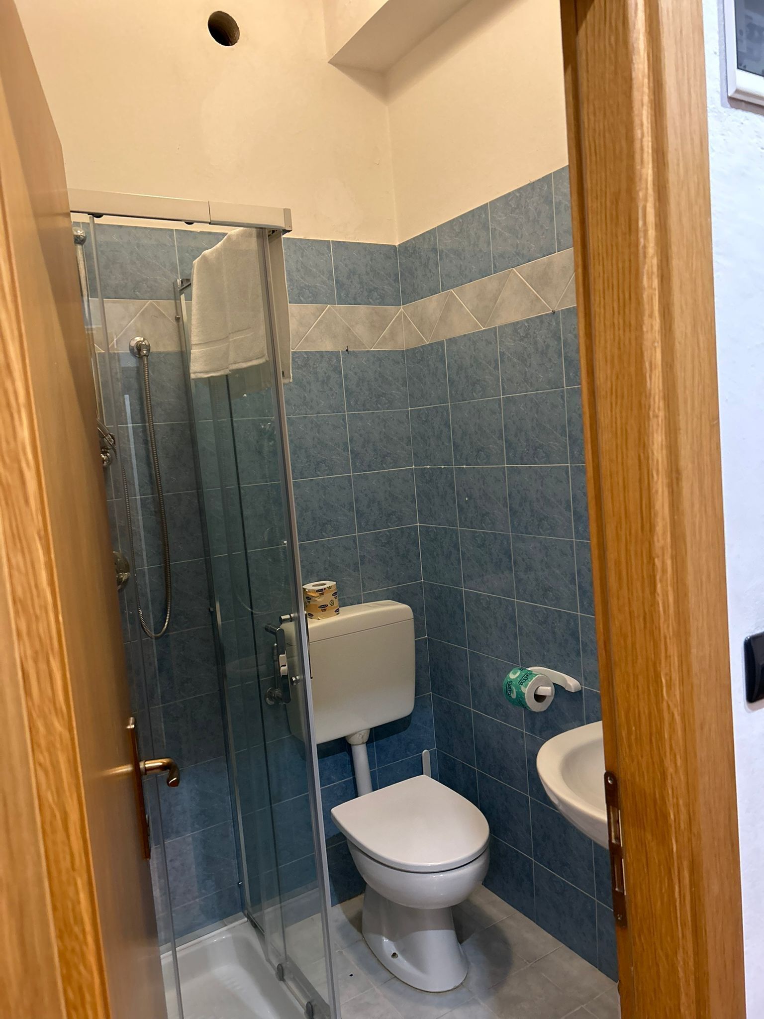 A bathroom with a glass-enclosed shower, a toilet, and a sink.