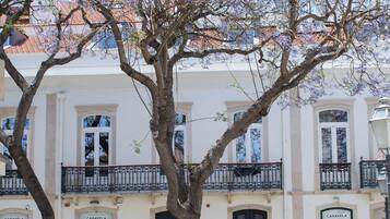 Un edificio con un gran árbol en primer plano, una plaza pavimentada y gente caminando.