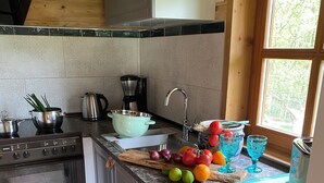 A compact kitchen with a Bosch stove, a sink, and a refrigerator.