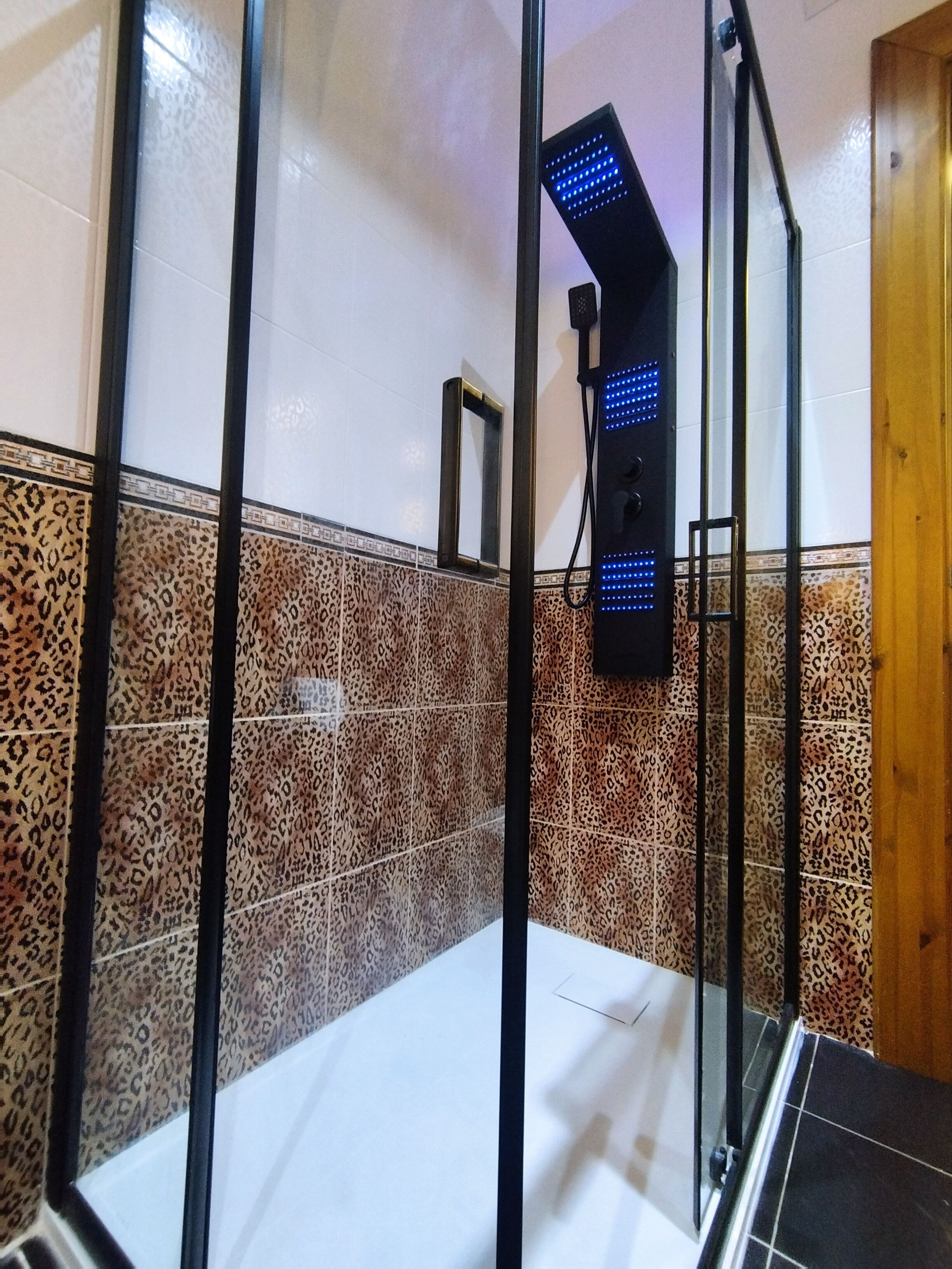 A shower enclosure with a glass door, a showerhead with blue LED lights, and a tiled wall with a leopard print pattern.