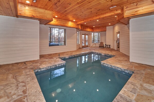 Indoor pool, a heated pool - Private Indoor Pool Cabin with firepit, game room, hot tub, theater room! (Sevierville)