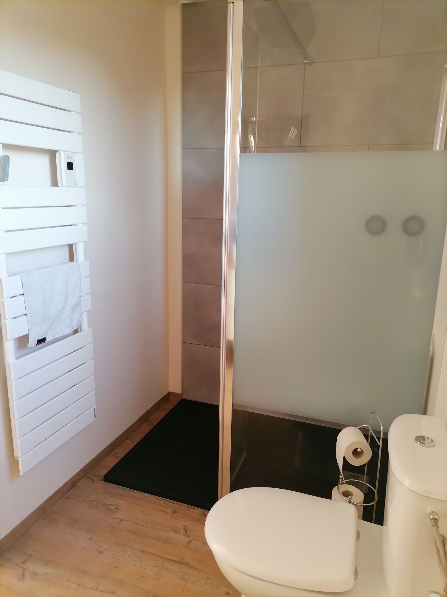 Un baño pequeño y moderno con cabina de ducha de vidrio, inodoro y toallero blancos.