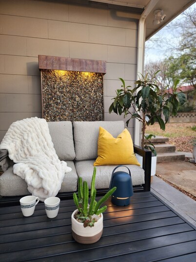 Steps to UNT - Art-Filled Mid-Century Retreat w/ Patios & Firelight