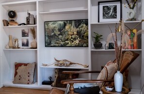 Interior - Steps to UNT - Art-Filled Mid-Century Retreat w/ Patios & Firelight (Denton)