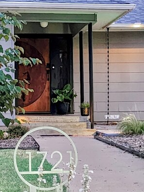 Exterior detail - Steps to UNT - Art-Filled Mid-Century Retreat w/ Patios & Firelight (Denton)