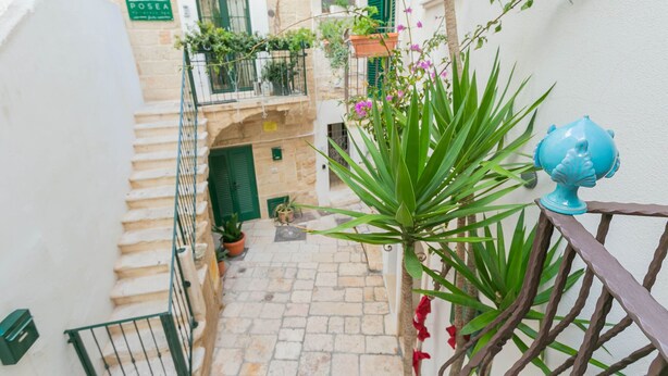 A narrow stone-paved courtyard with a staircase, potted plants, and a blue decorative object on a railing.